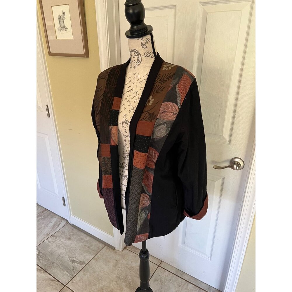 Anna Brown Open Blazer Jacket Patchwork Quilt Art… - image 3